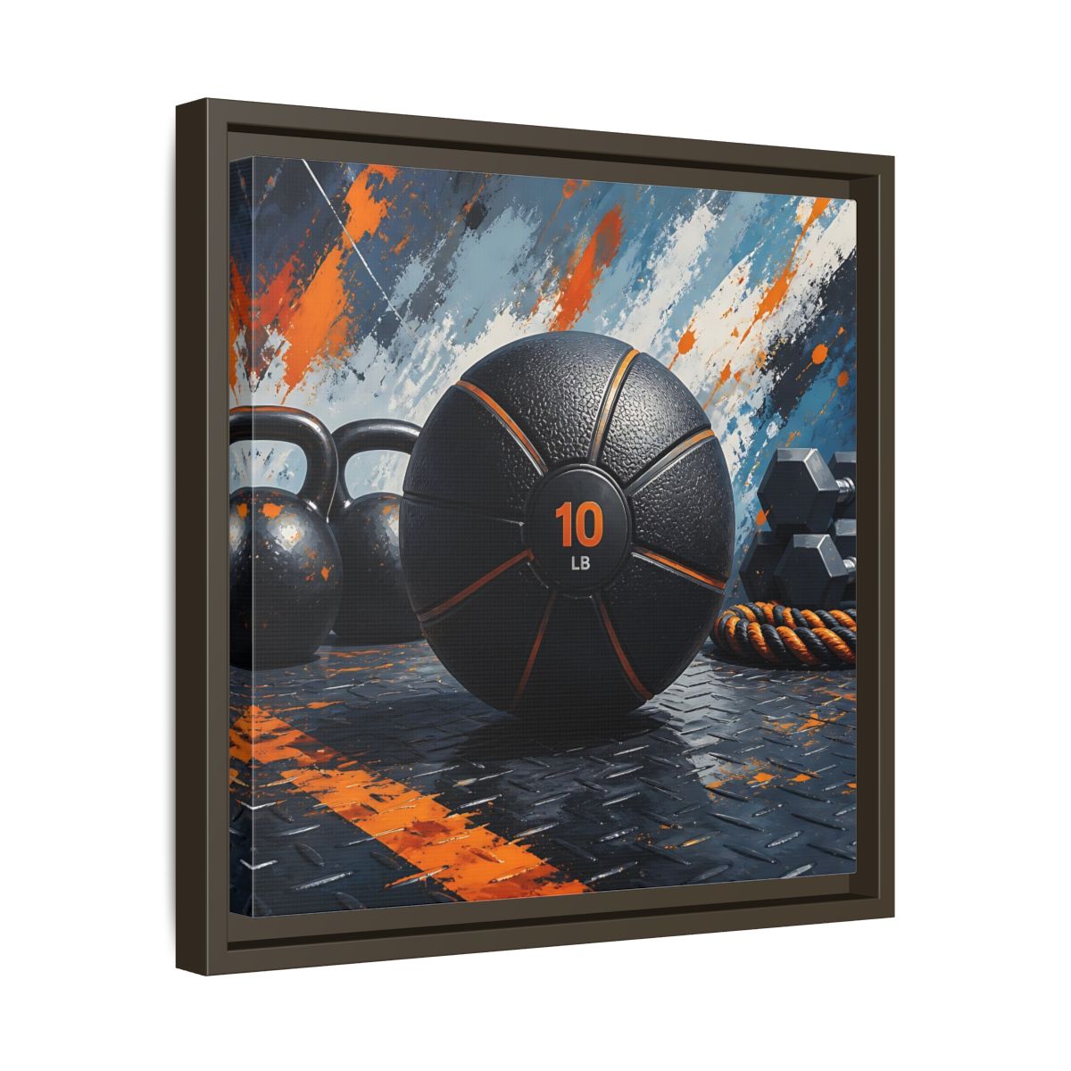 Side Mockup 29. Black Orange Medicine Ball shown as framed canvas print