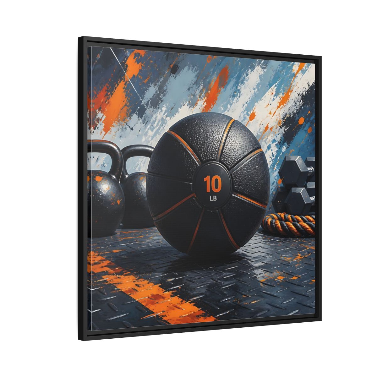 Side Mockup 9. Black Orange Medicine Ball shown as framed canvas print