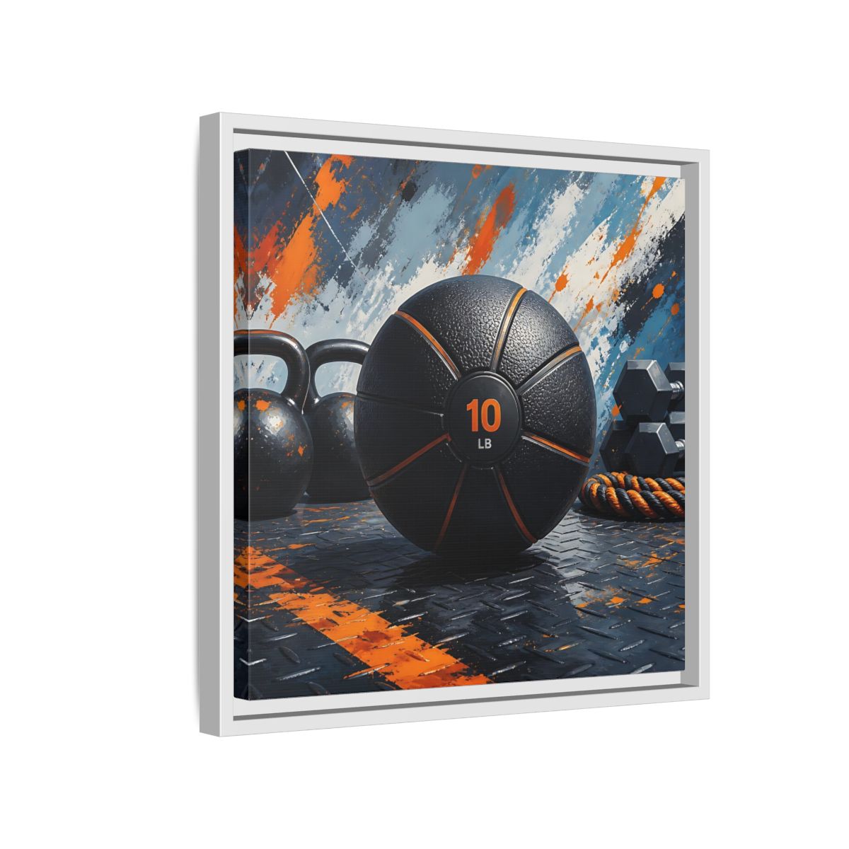 Side Mockup 13. Black Orange Medicine Ball shown as framed canvas print