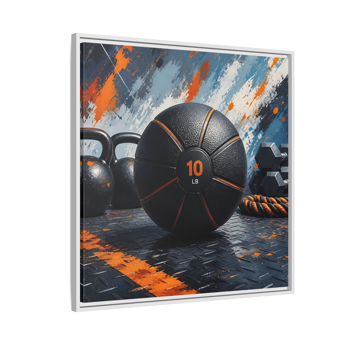 Side Mockup 7. Black Orange Medicine Ball shown as framed canvas print