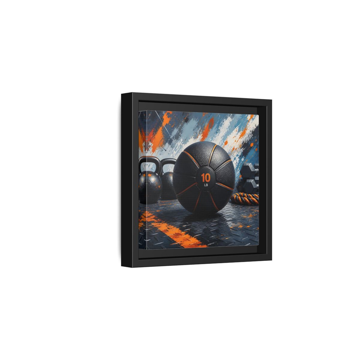 Side Mockup 3. Black Orange Medicine Ball shown as framed canvas print