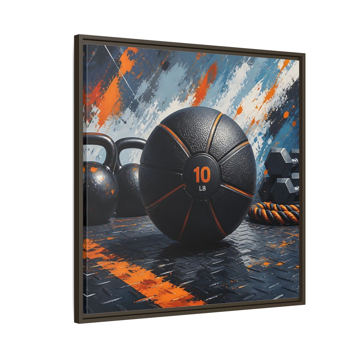 Side Mockup 8. Black Orange Medicine Ball shown as framed canvas print