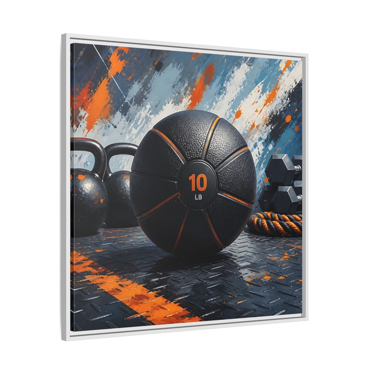 Side Mockup 25. Black Orange Medicine Ball shown as framed canvas print
