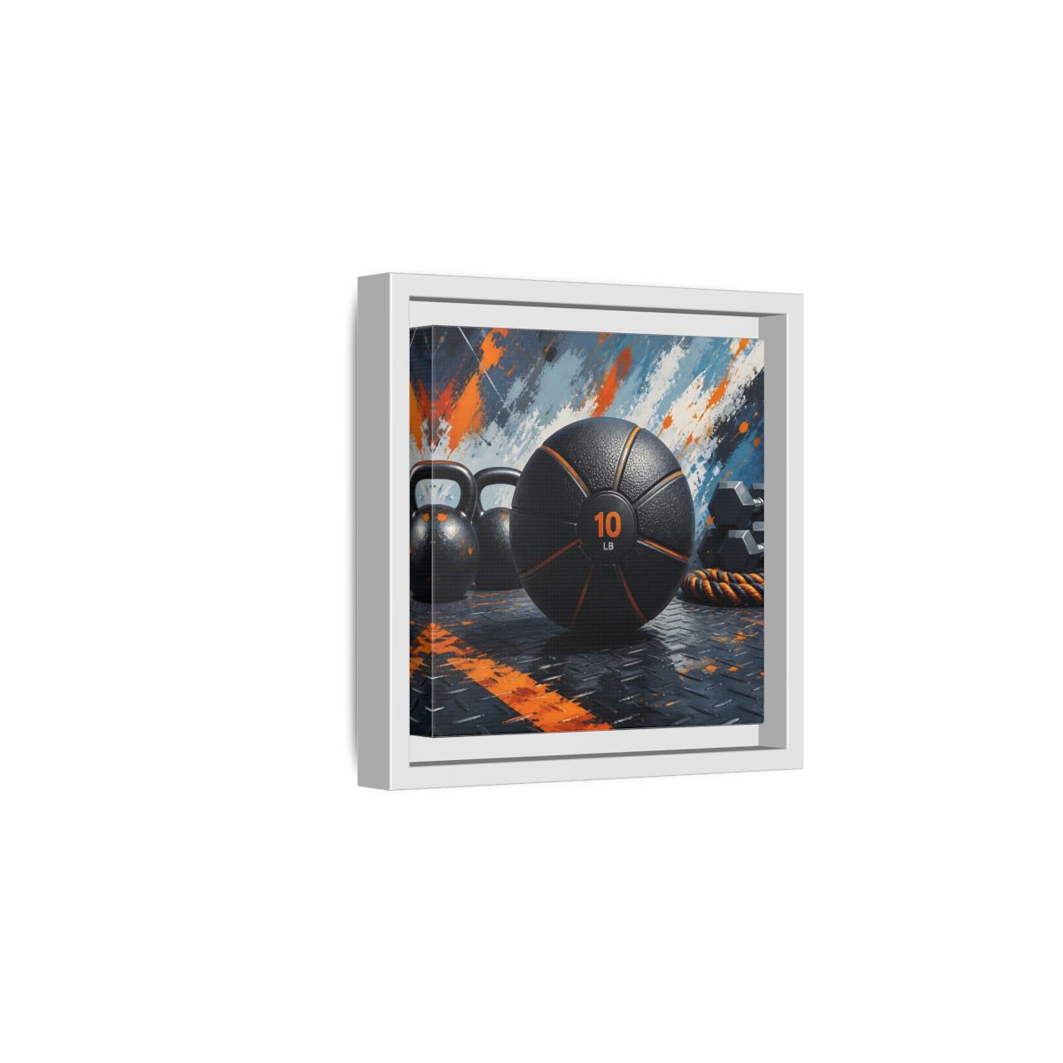 Side Mockup 1. Black Orange Medicine Ball shown as framed canvas print