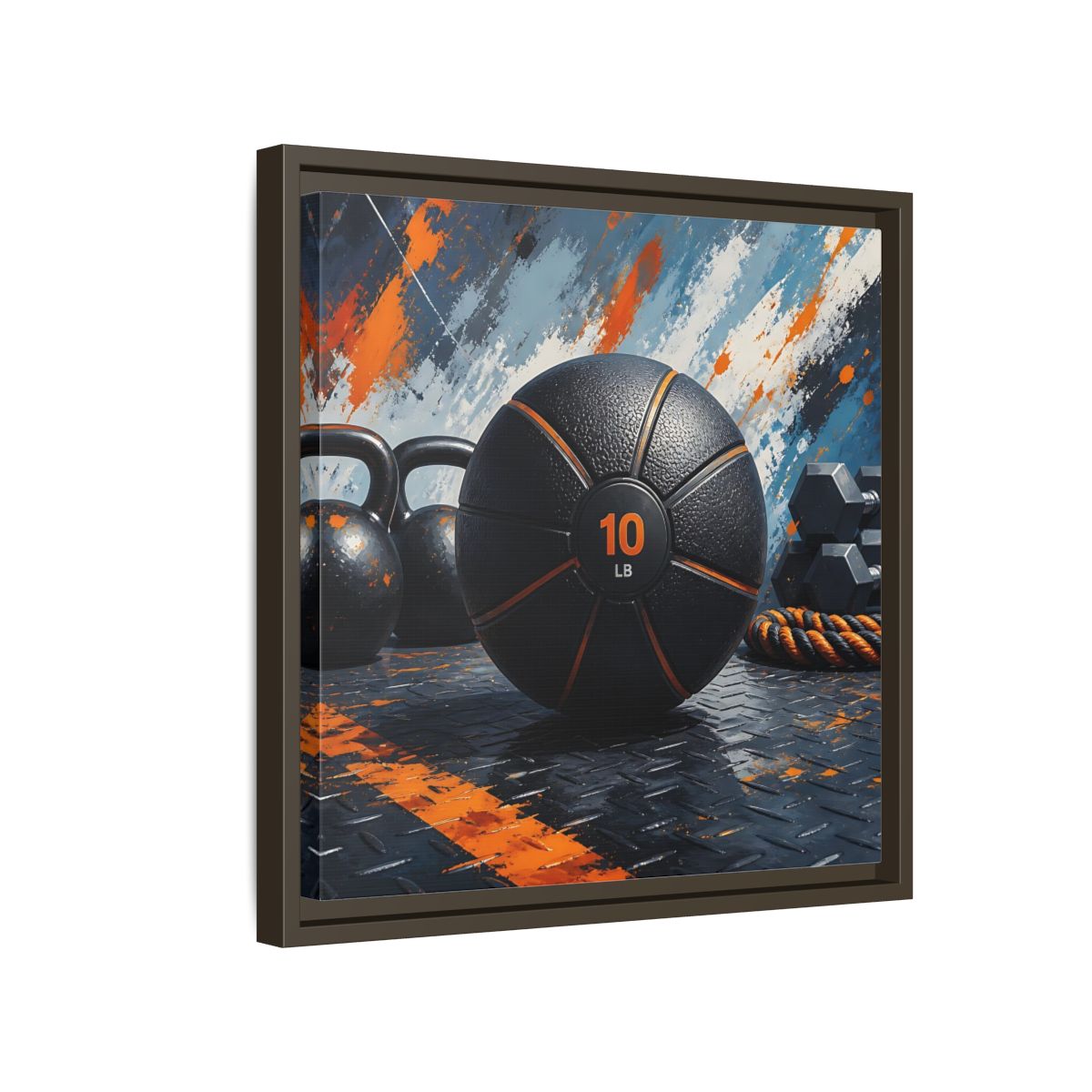 Side Mockup 14. Black Orange Medicine Ball shown as framed canvas print