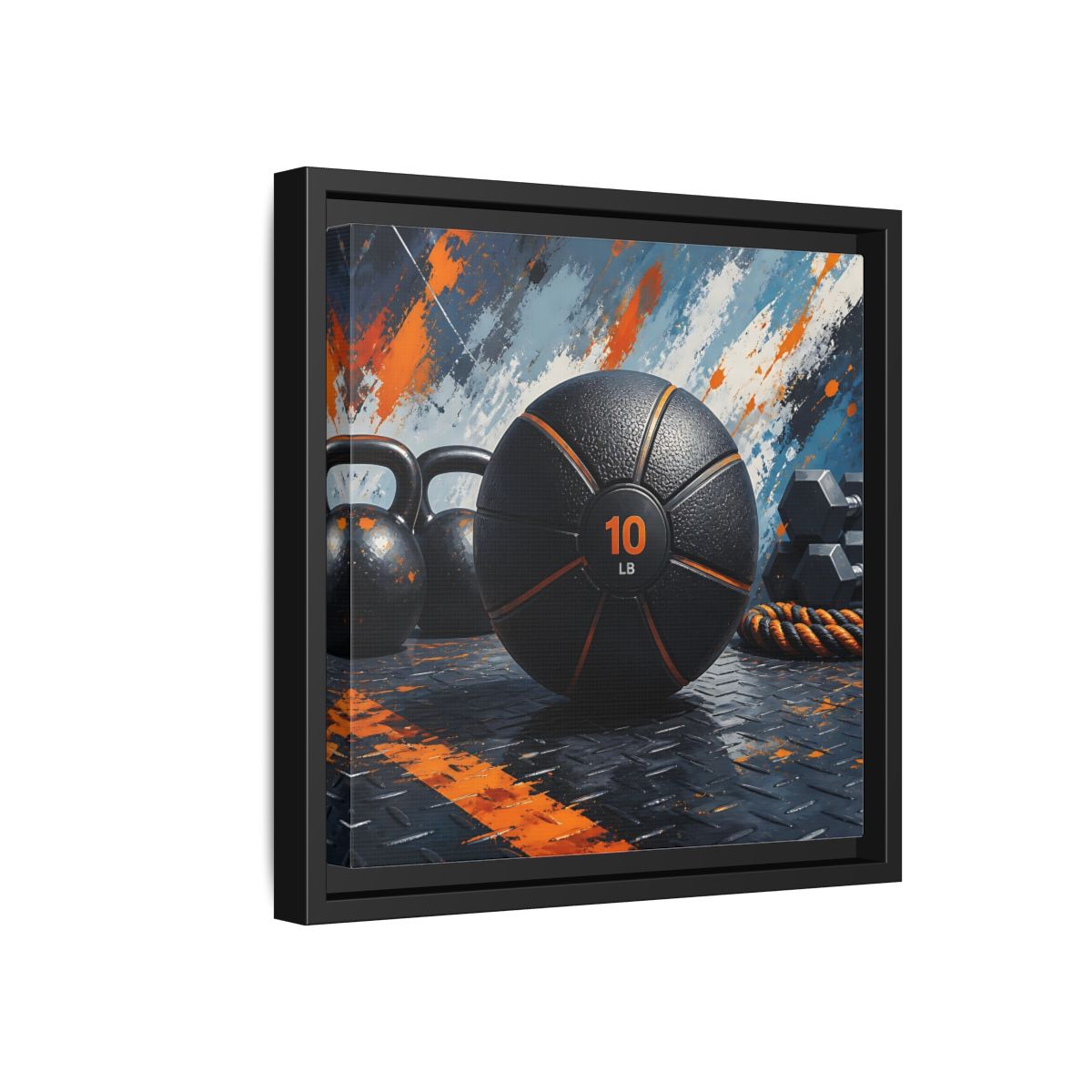 Side Mockup 18. Black Orange Medicine Ball shown as framed canvas print