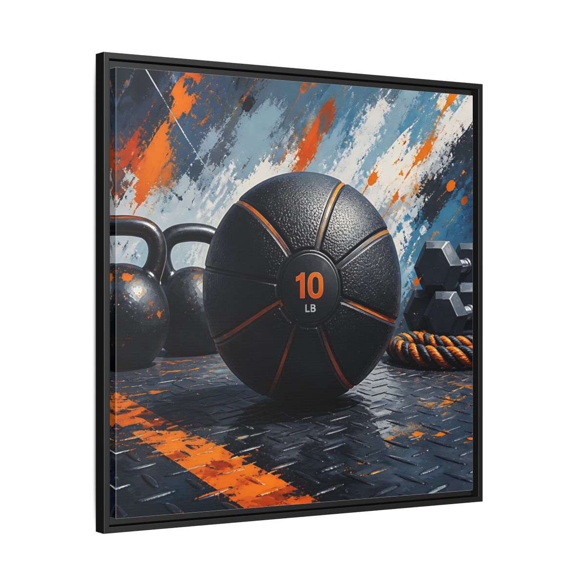 Side Mockup 30. Black Orange Medicine Ball shown as framed canvas print