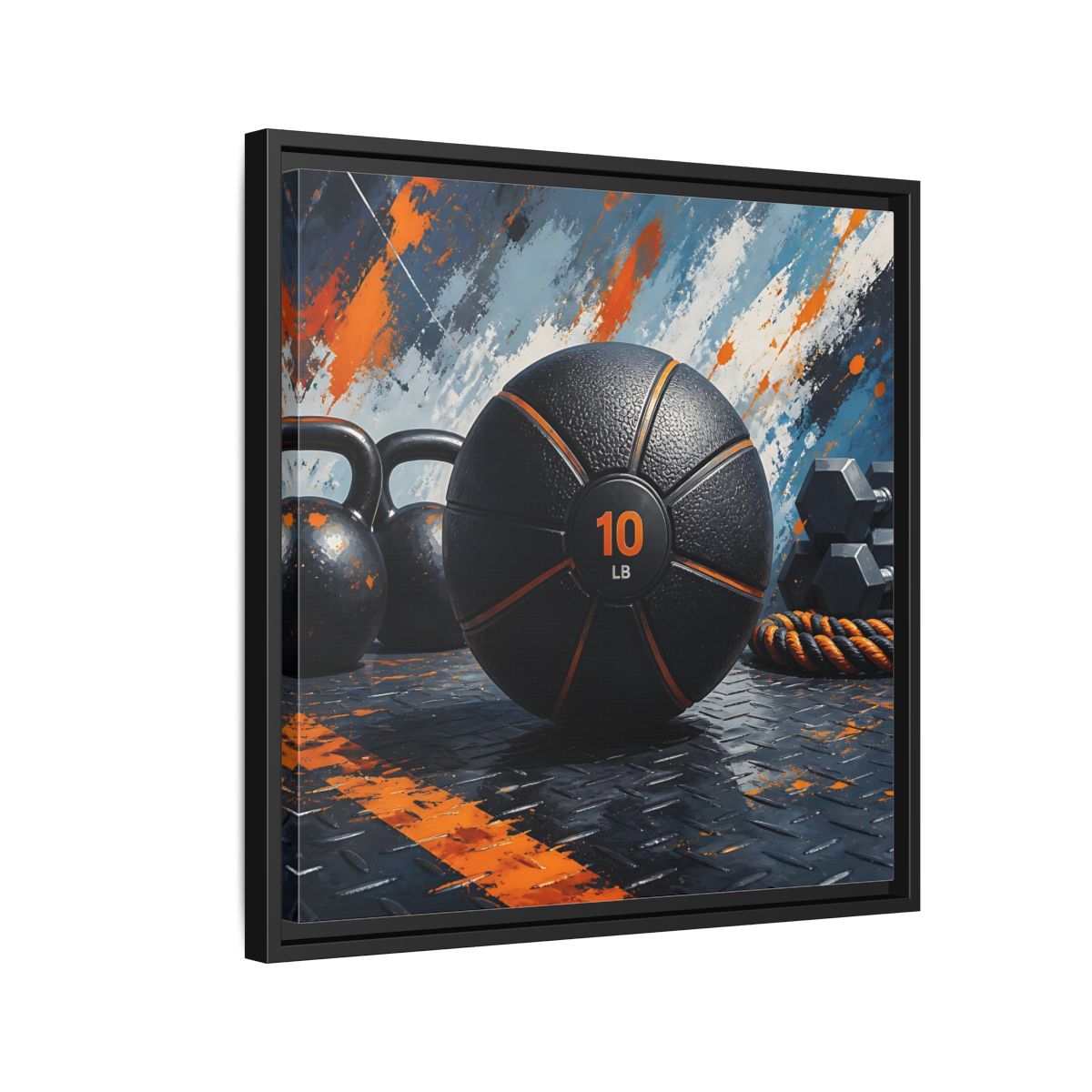 Side Mockup 12. Black Orange Medicine Ball shown as framed canvas print