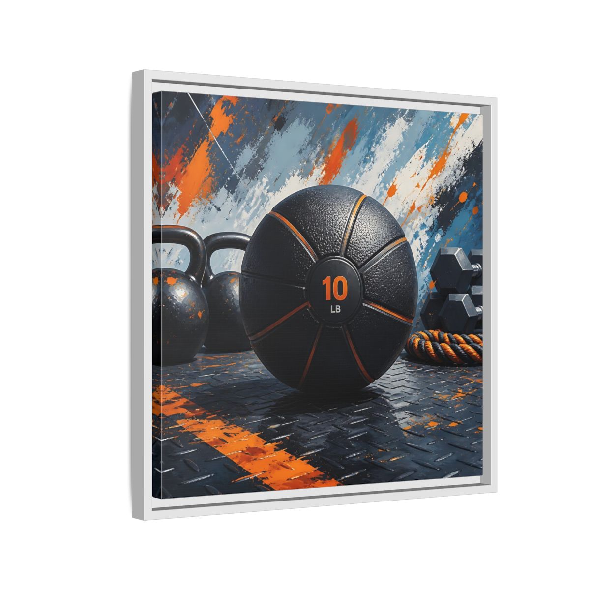 Side Mockup 10. Black Orange Medicine Ball shown as framed canvas print