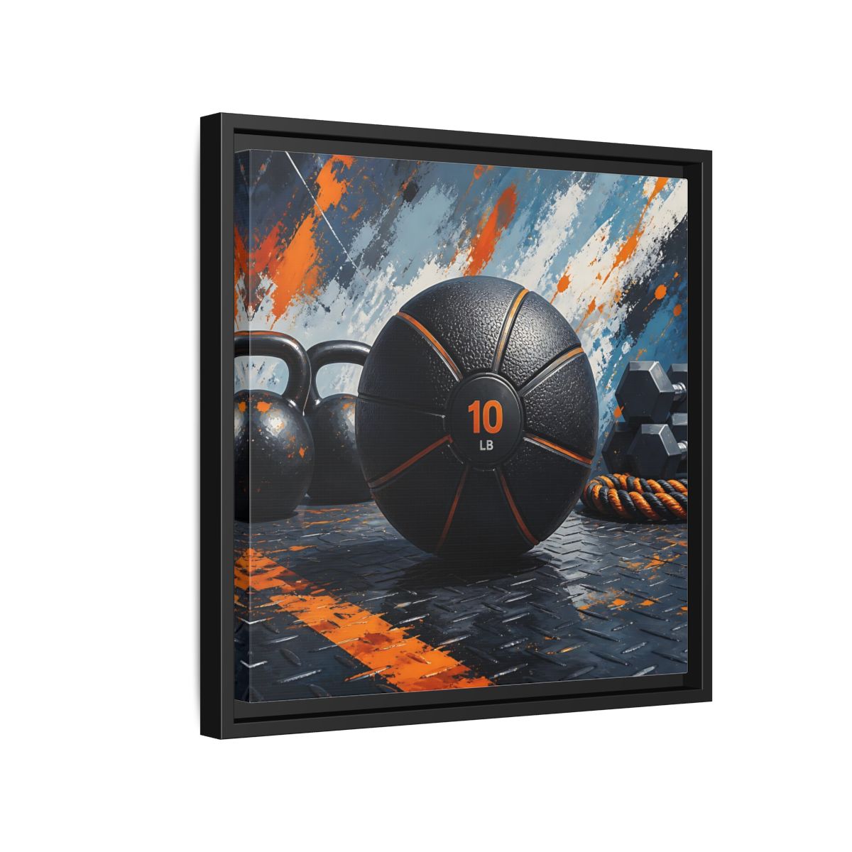 Side Mockup 15. Black Orange Medicine Ball shown as framed canvas print