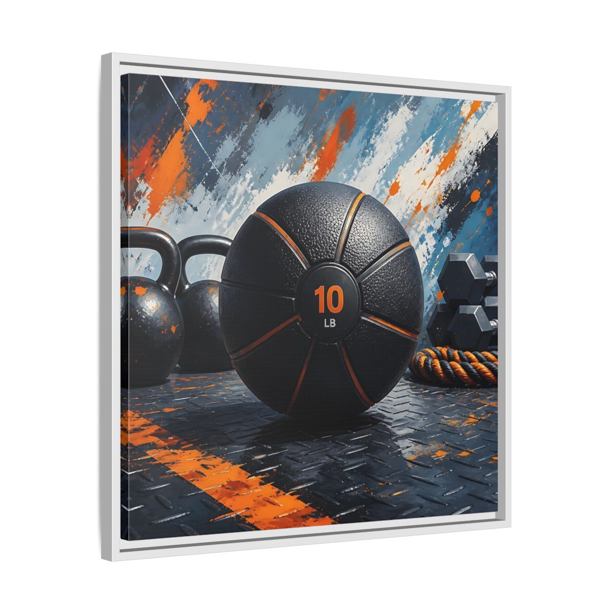 Side Mockup 26. Black Orange Medicine Ball shown as framed canvas print