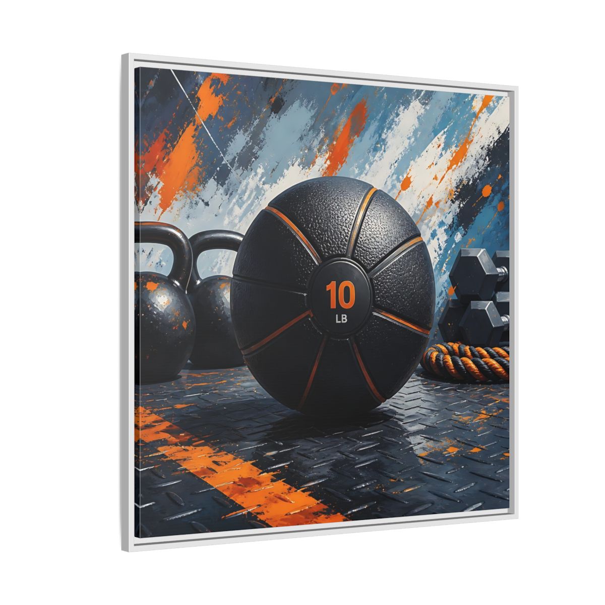 Side Mockup 4. Black Orange Medicine Ball shown as framed canvas print