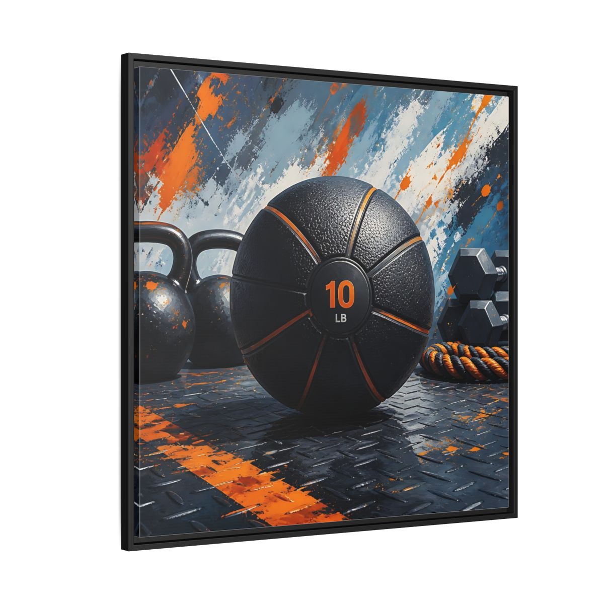 Side Mockup 6. Black Orange Medicine Ball shown as framed canvas print