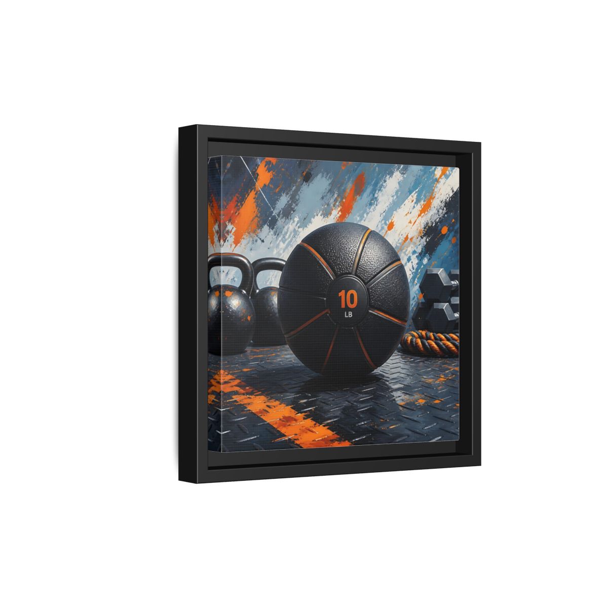 Side Mockup 21. Black Orange Medicine Ball shown as framed canvas print