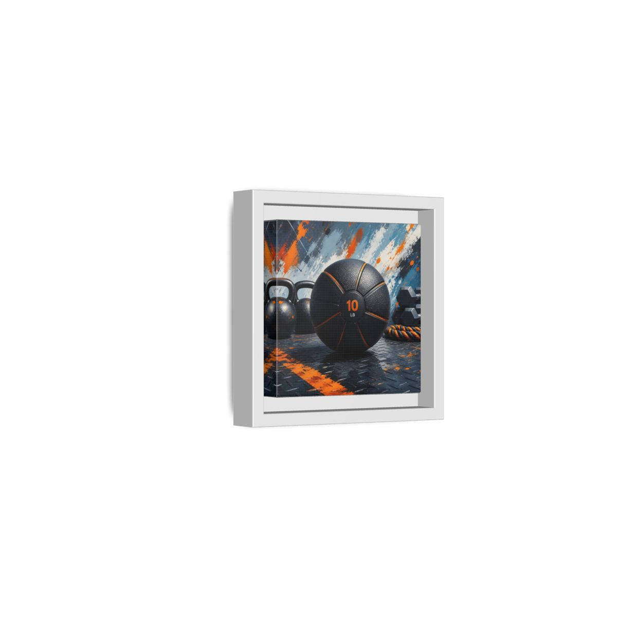 Side Mockup 22. Black Orange Medicine Ball shown as framed canvas print