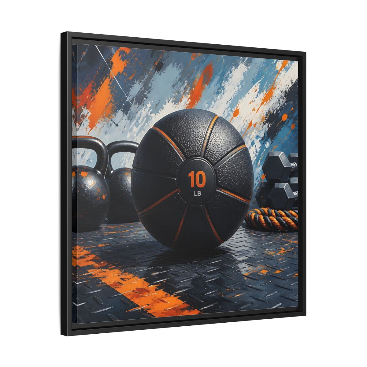 Side Mockup 31. Black Orange Medicine Ball shown as framed canvas print