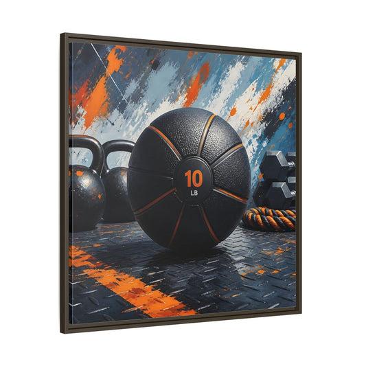 Main Mockup. Black Orange Medicine Ball shown as framed canvas print
