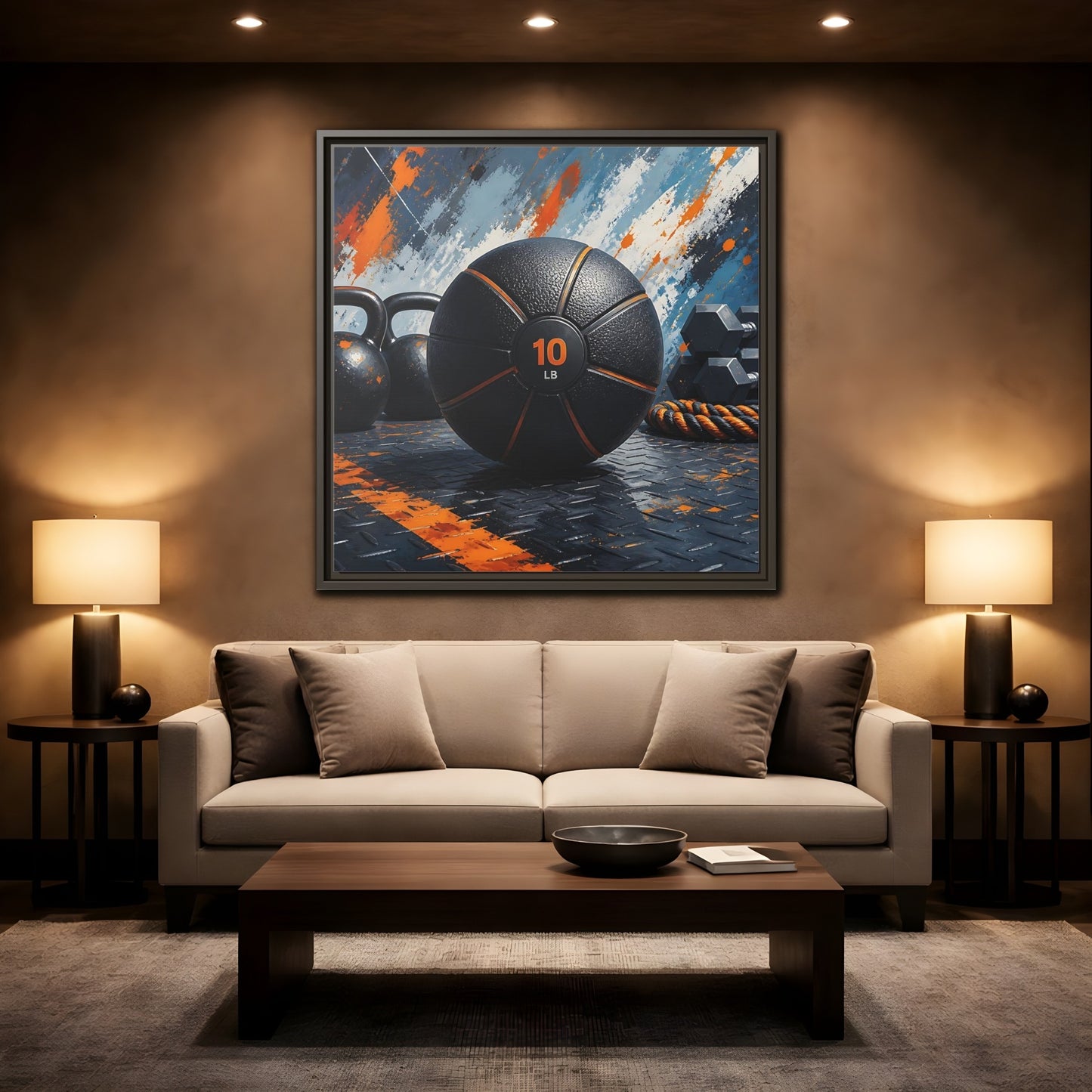 Mockup 2. Black Orange Medicine Ball shown as framed canvas print