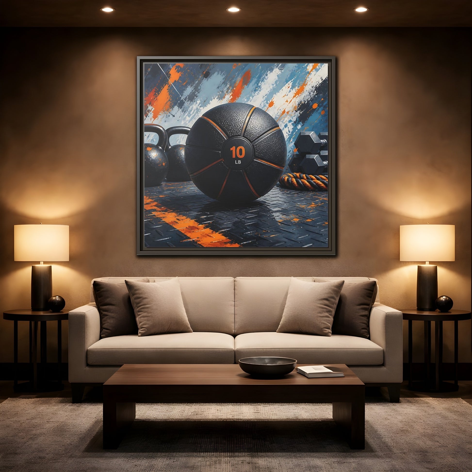 Mockup 2. Black Orange Medicine Ball shown as framed canvas print