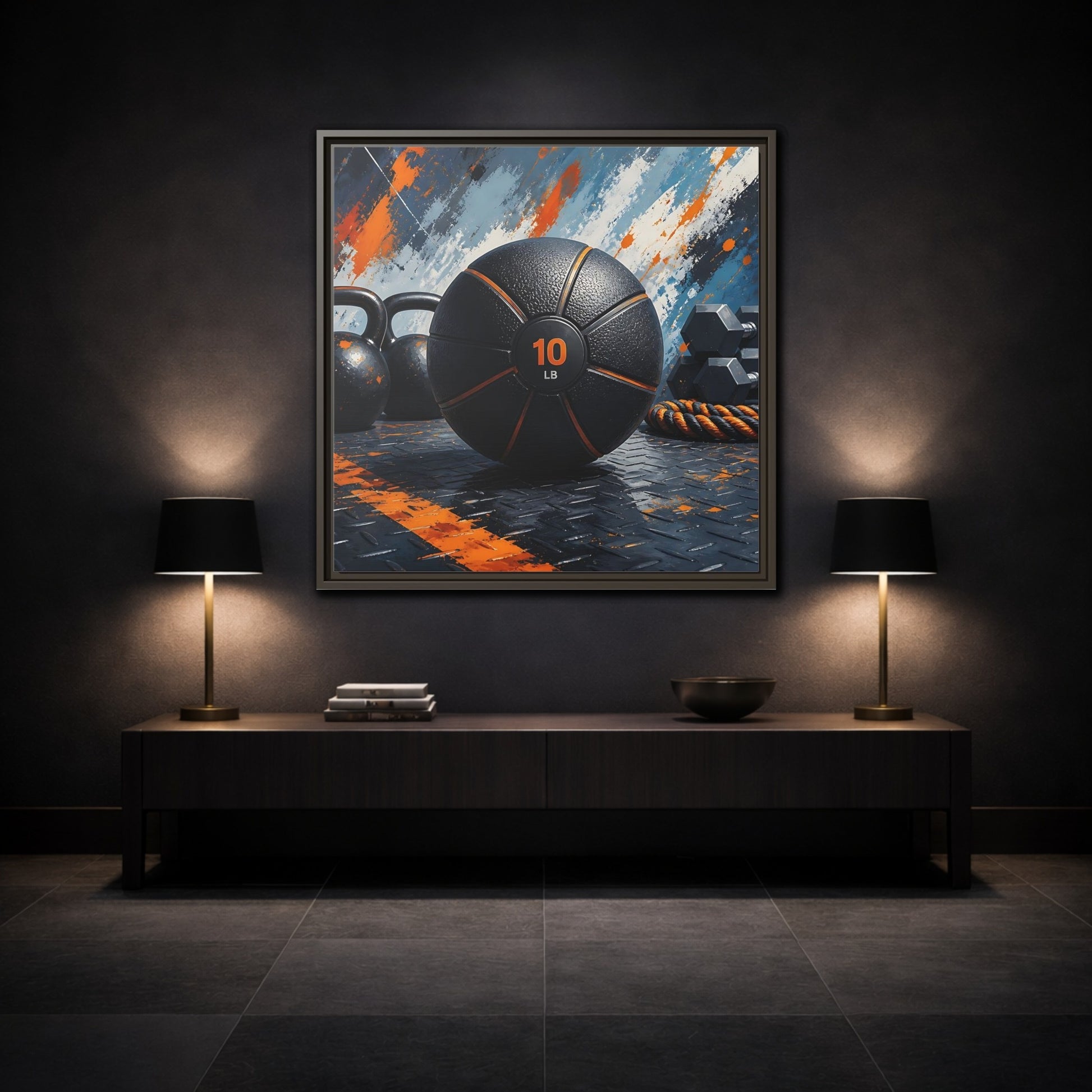 Mockup 3. Black Orange Medicine Ball shown as framed canvas print