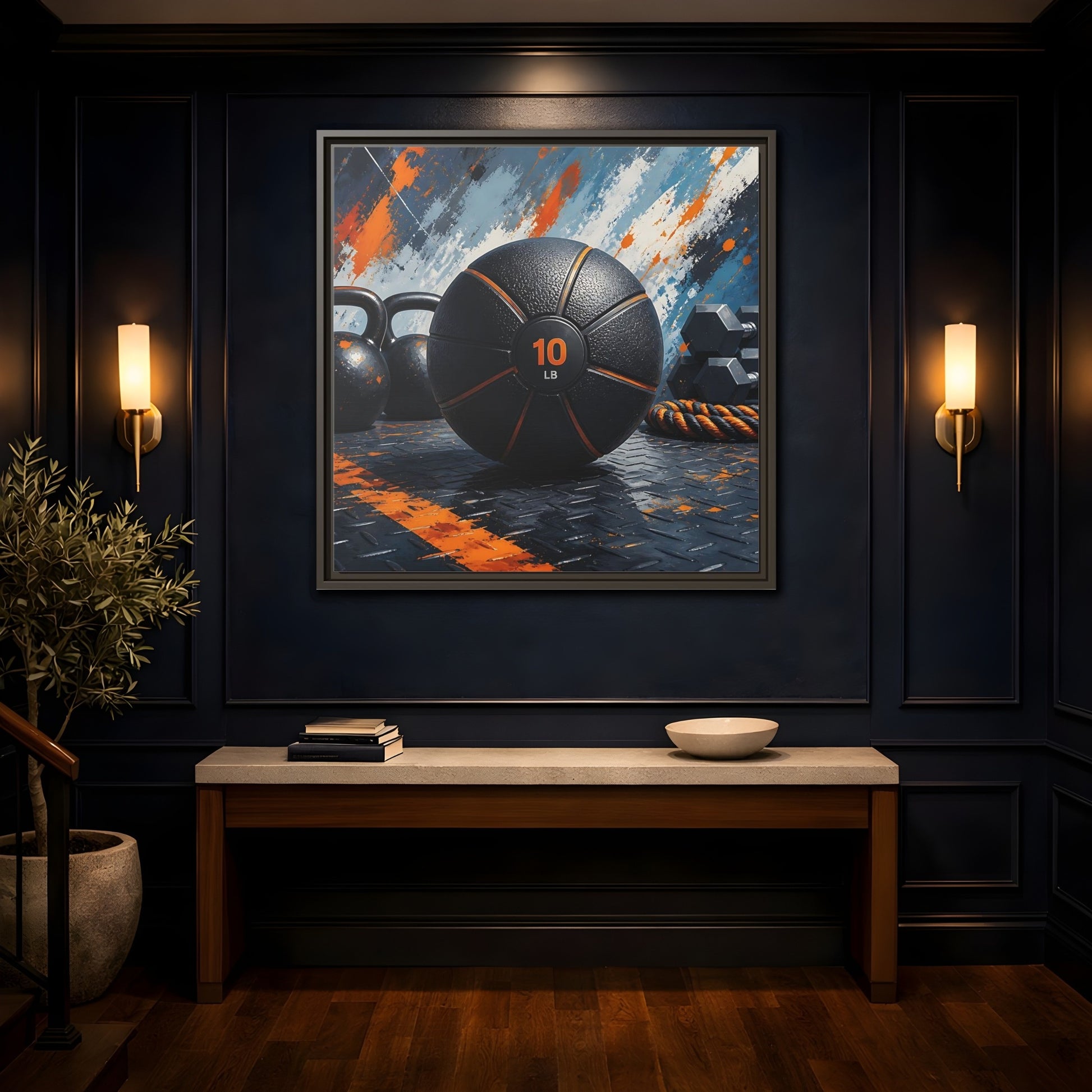 Mockup 4. Black Orange Medicine Ball shown as framed canvas print