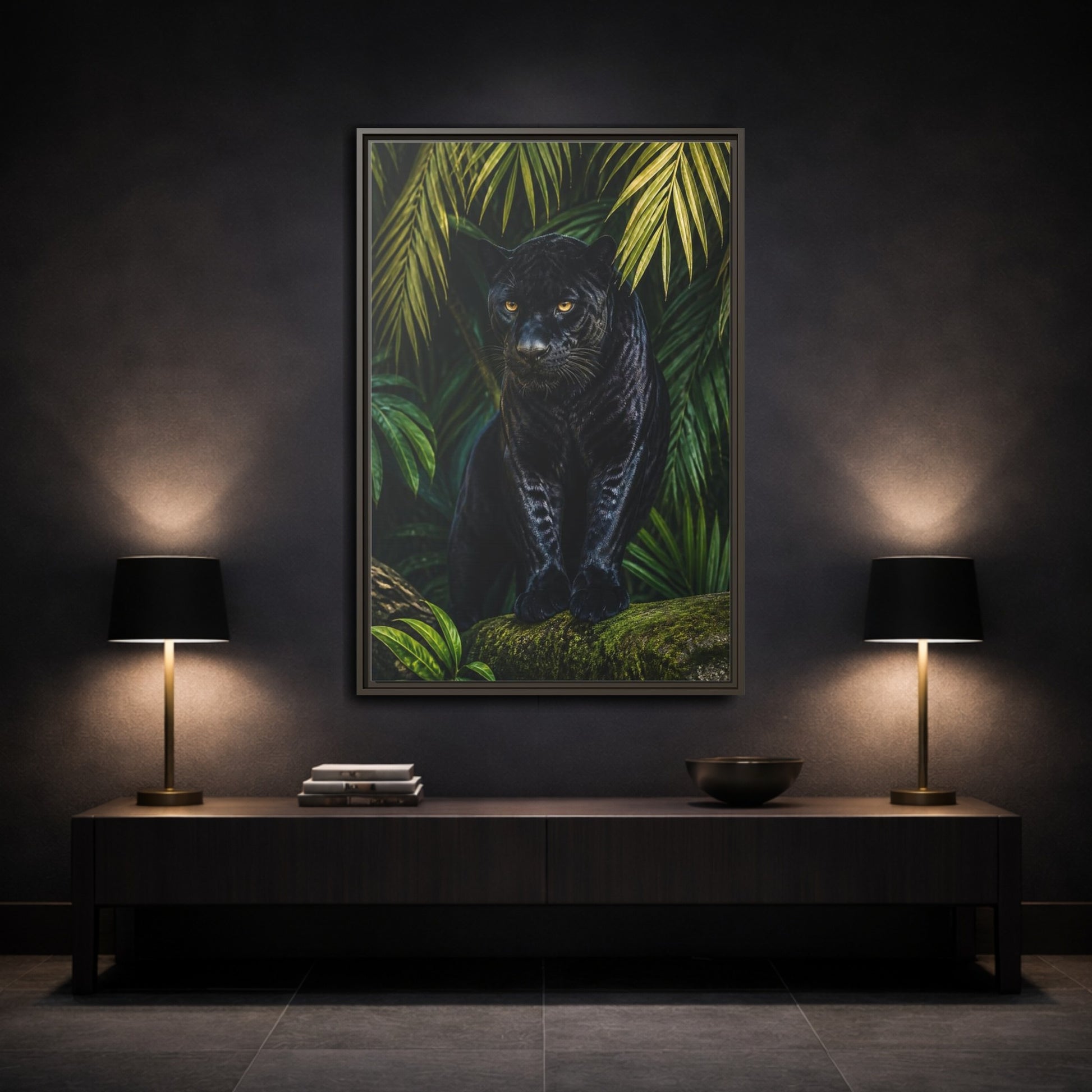 Mockup 3. Black Panther Animals Portrait shown as framed canvas print