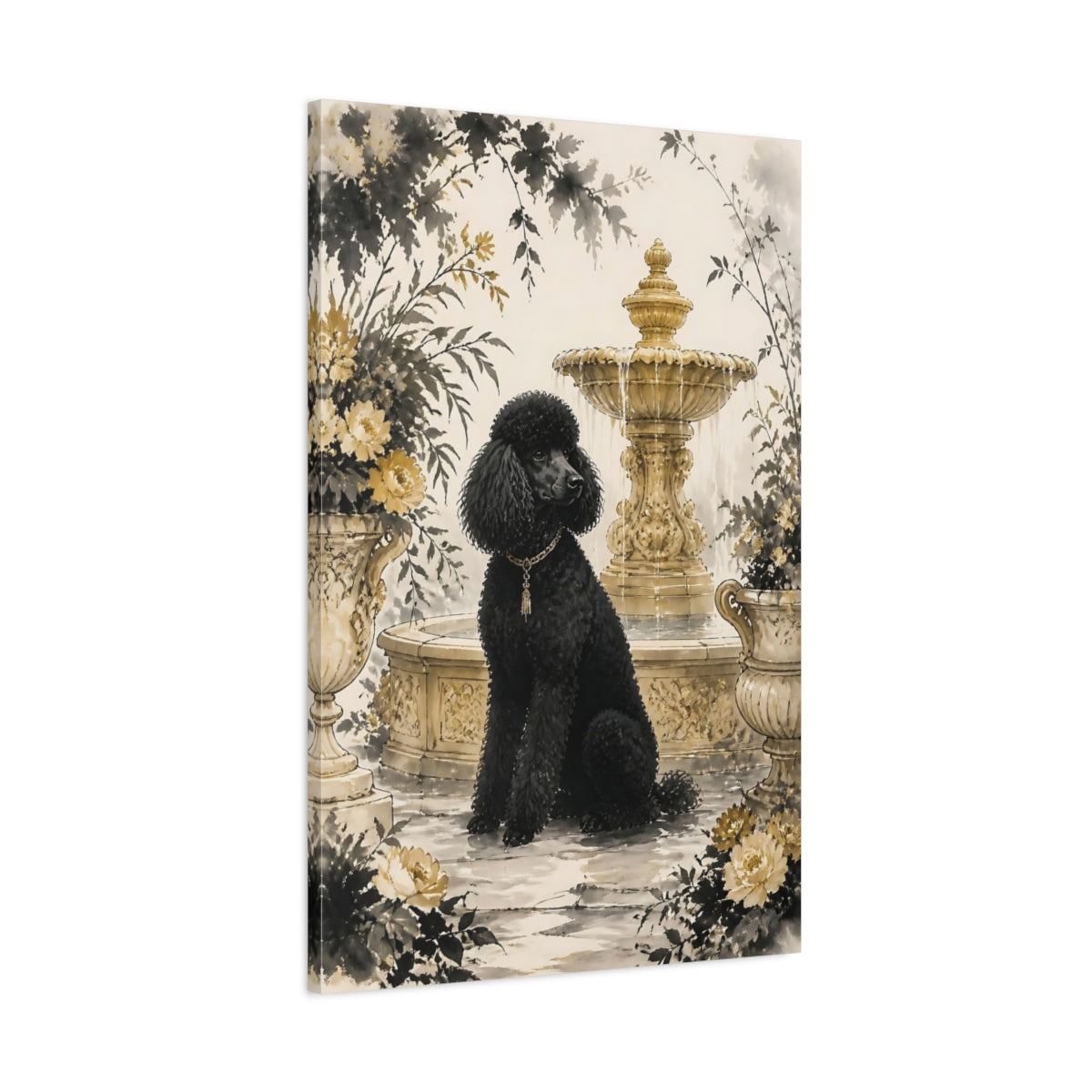 Main Mockup. Black Poodle By Fountain shown as canvas print