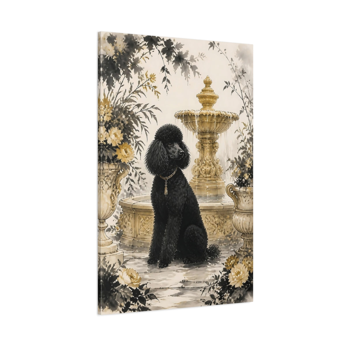 Side Mockup 1. Black Poodle By Fountain shown as canvas print