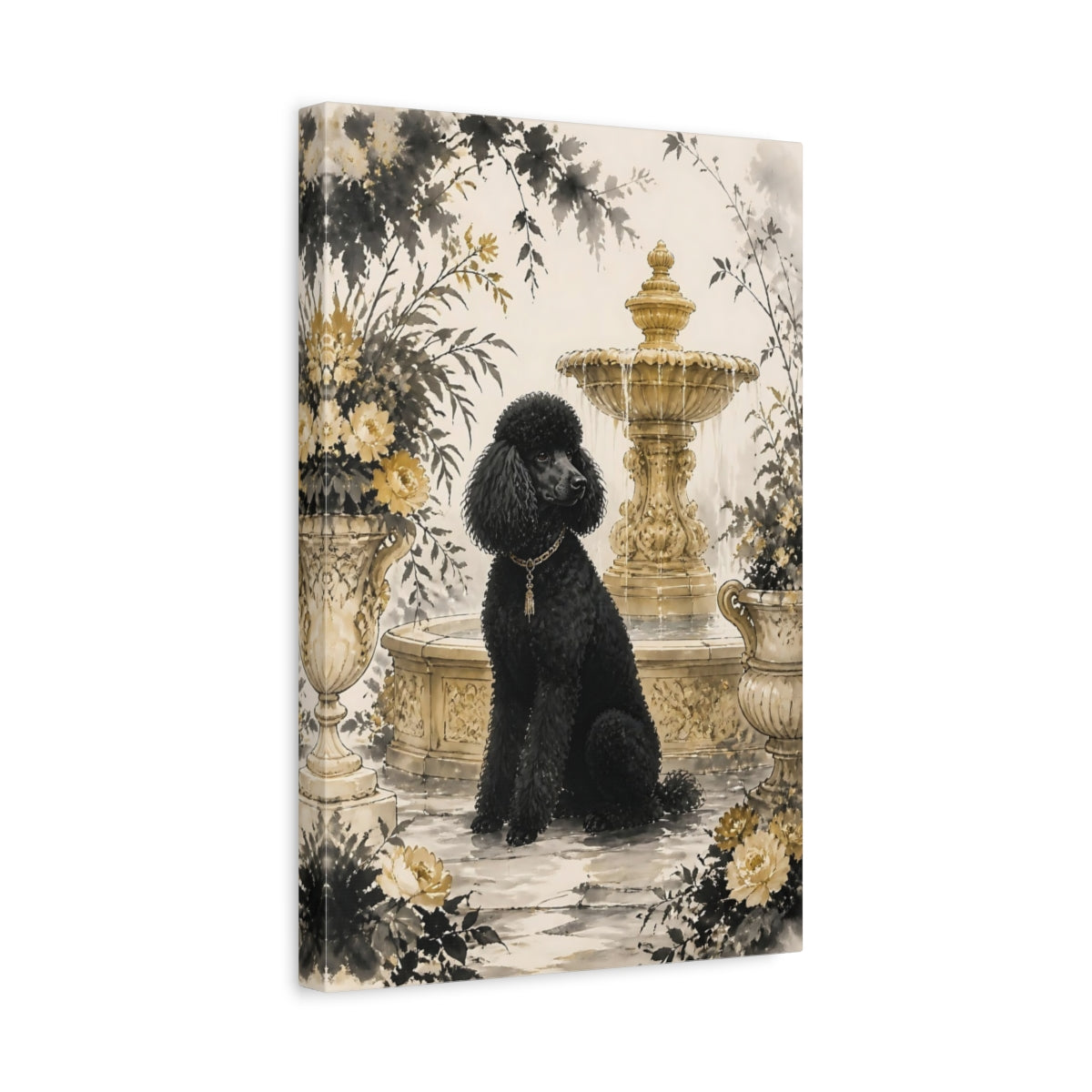 Side Mockup 4. Black Poodle By Fountain shown as canvas print