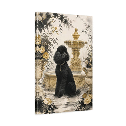 Side Mockup 2. Black Poodle By Fountain shown as canvas print