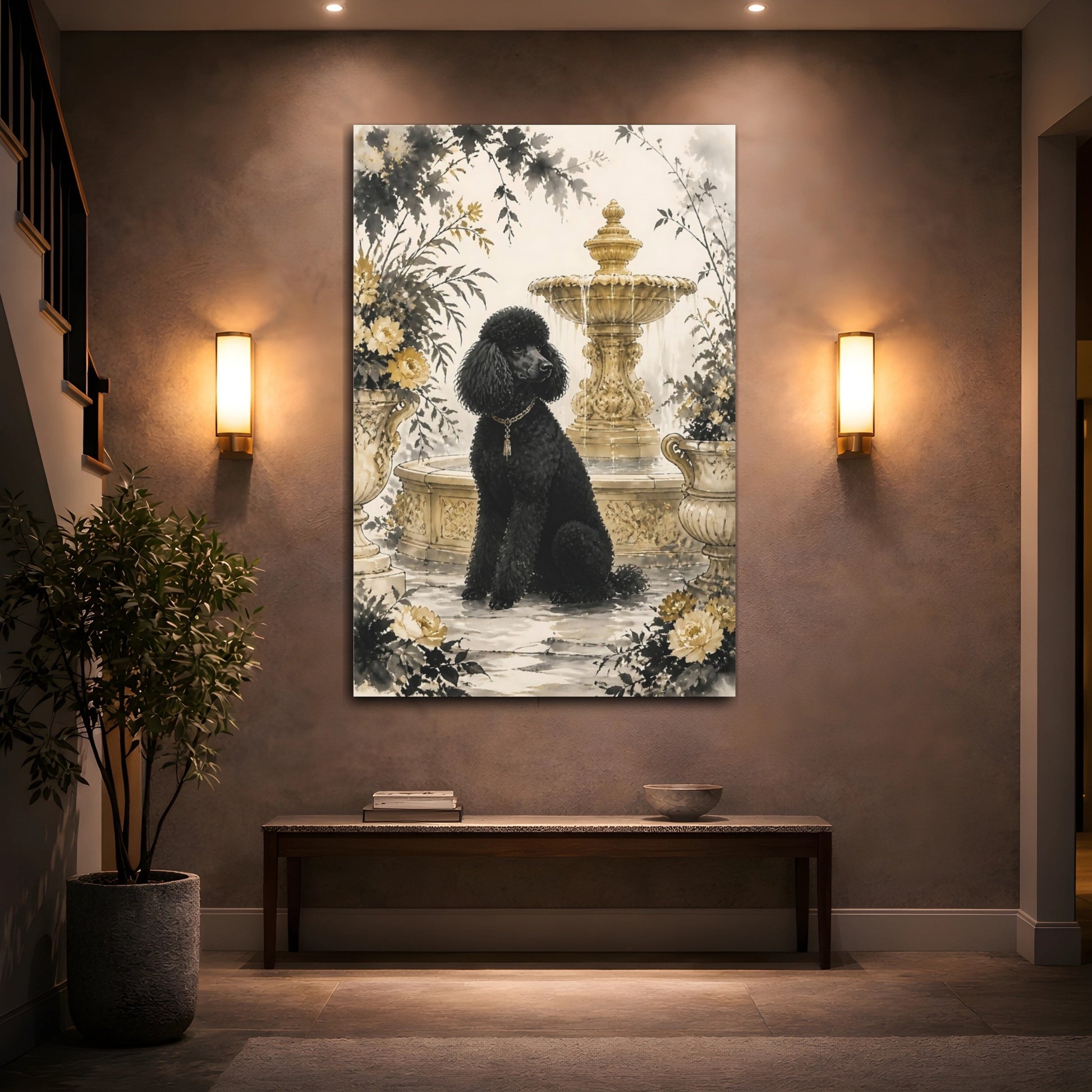 Mockup 2. Black Poodle By Fountain shown as canvas print