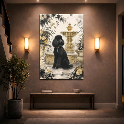 Mockup 2. Black Poodle By Fountain shown as canvas print