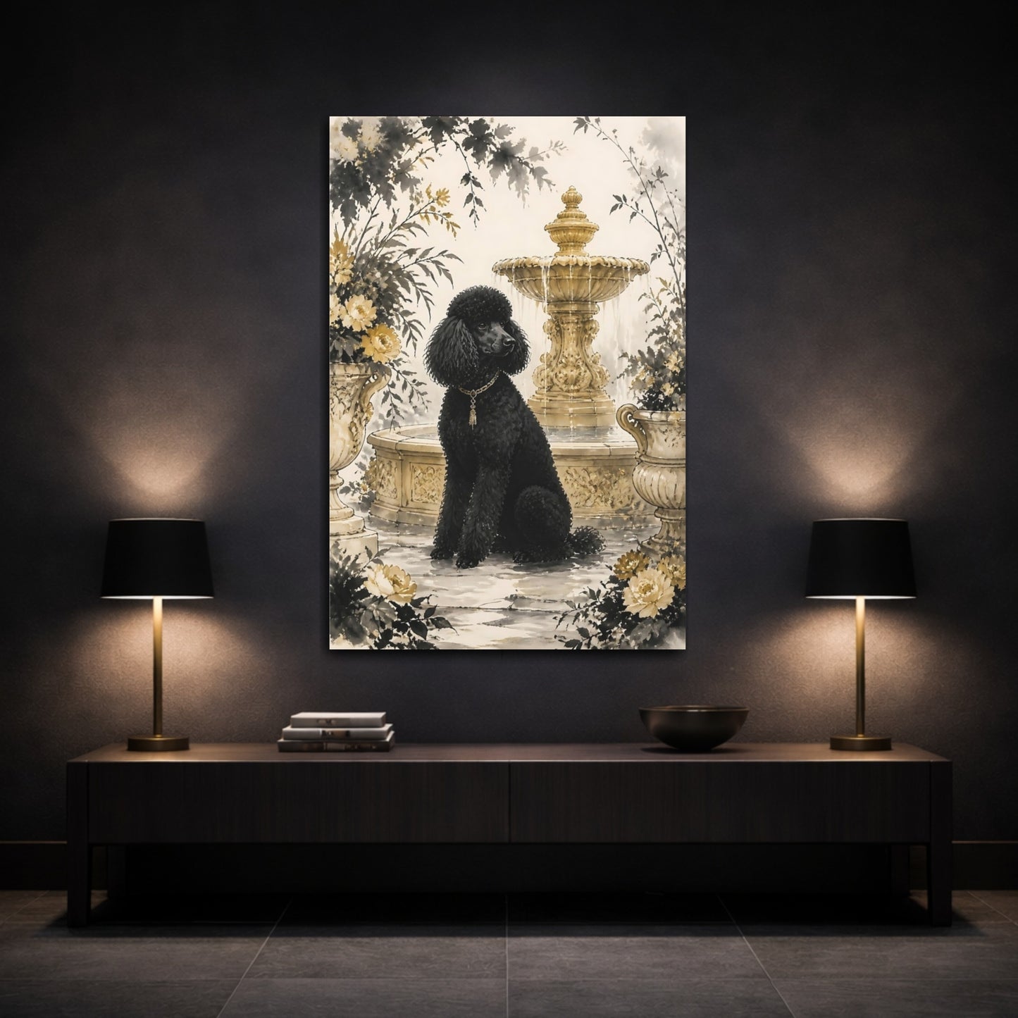 Mockup 3. Black Poodle By Fountain shown as canvas print