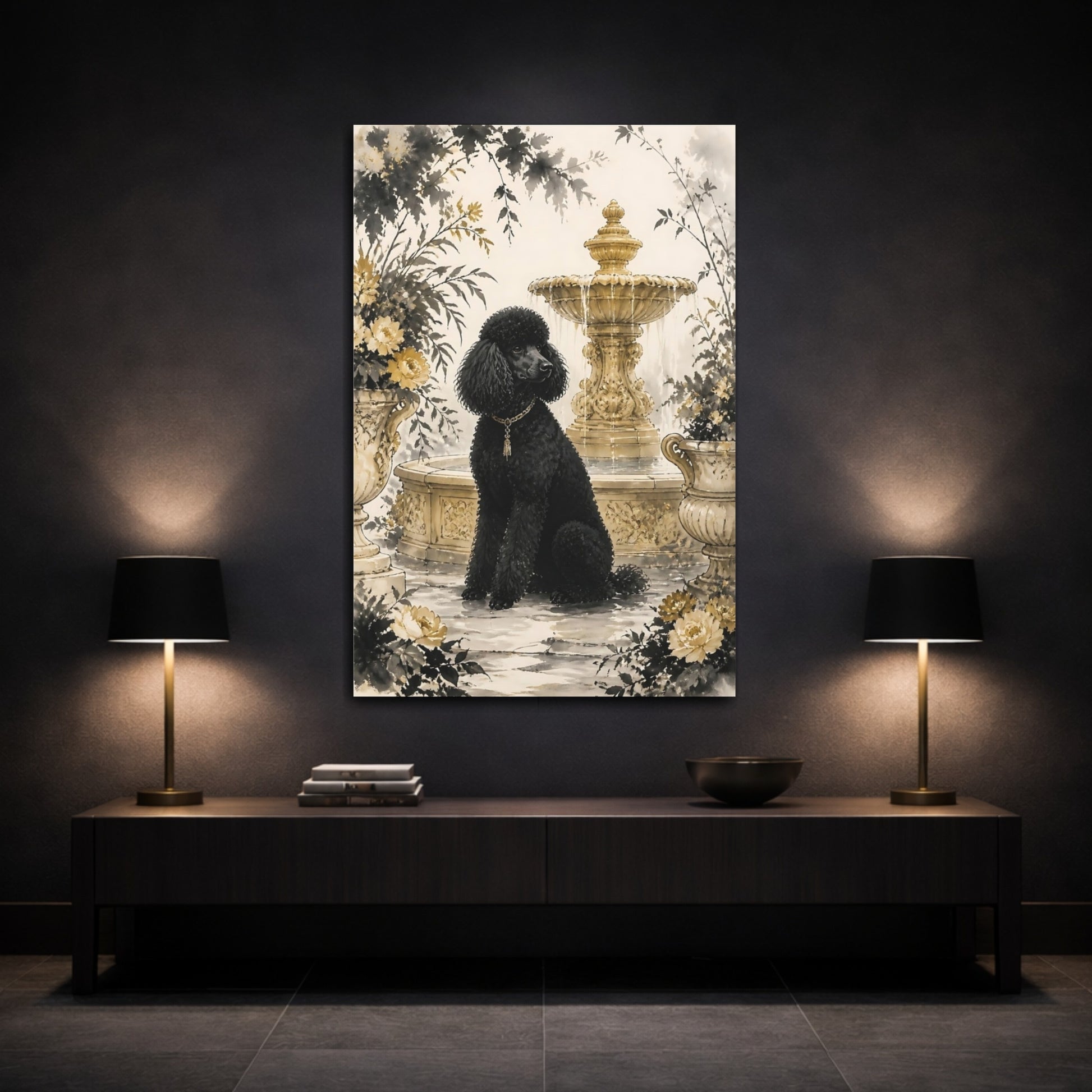 Mockup 3. Black Poodle By Fountain shown as canvas print