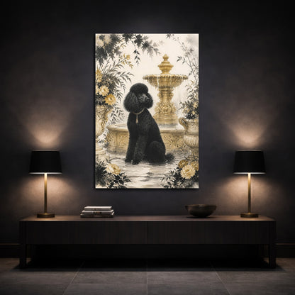 Mockup 3. Black Poodle By Fountain shown as canvas print