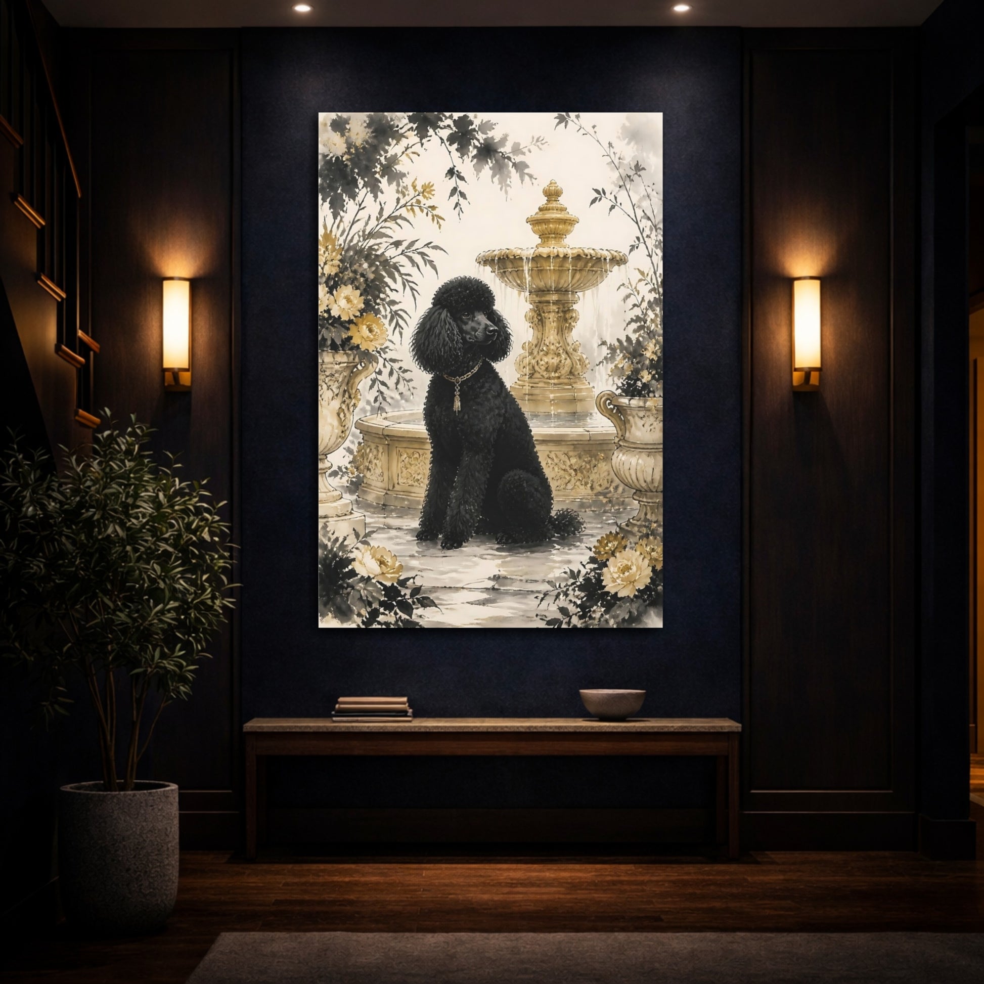 Mockup 4. Black Poodle By Fountain shown as canvas print