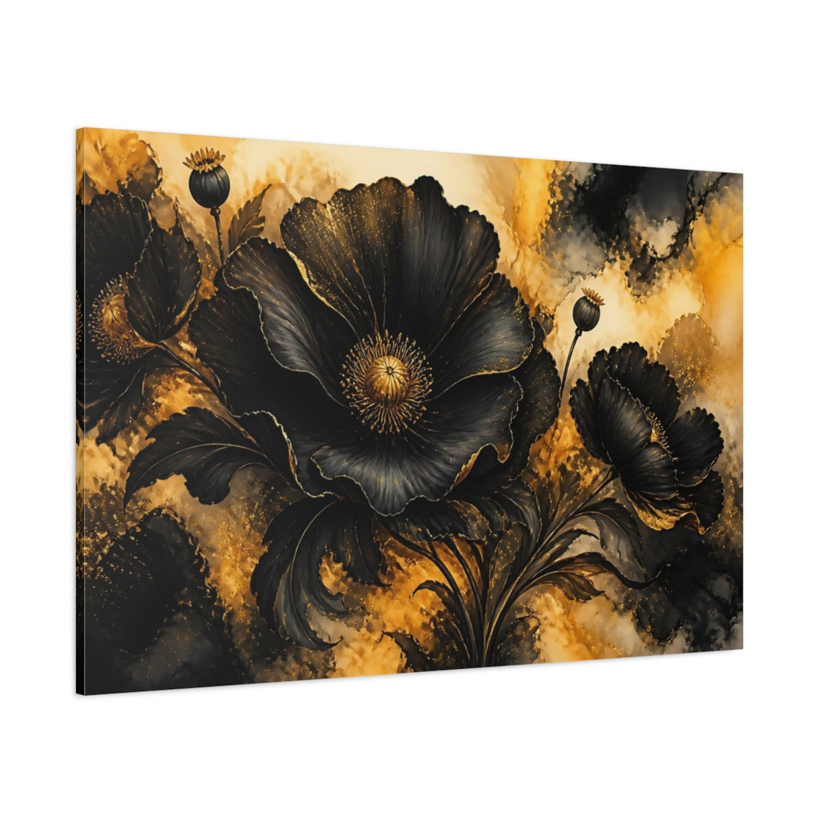 Side Mockup 1. Black Poppy Flower shown as canvas print