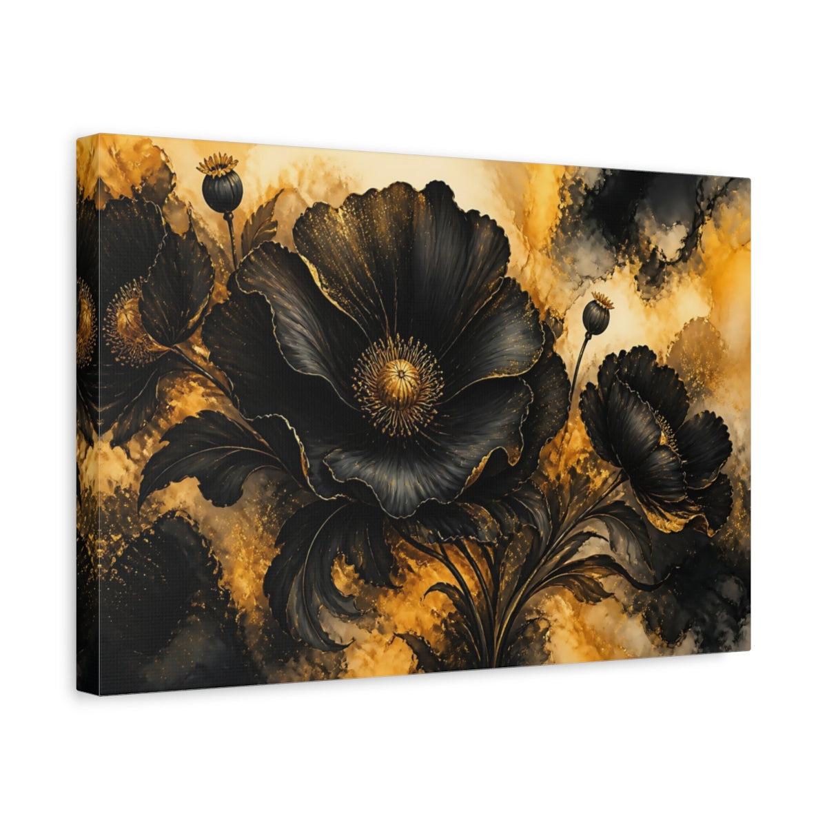 Side Mockup 4. Black Poppy Flower shown as canvas print