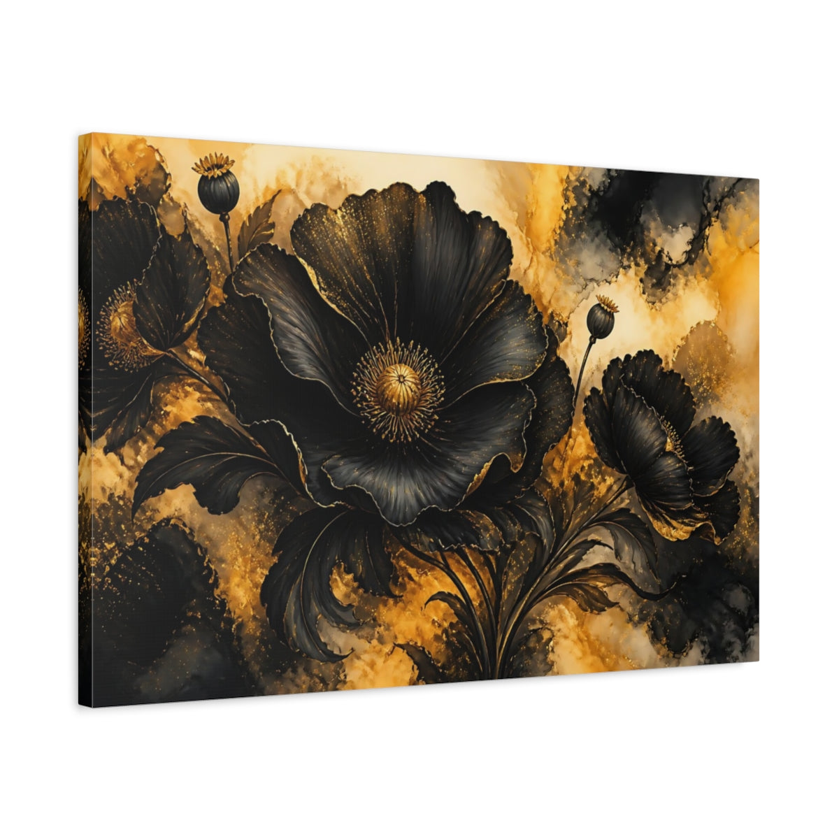 Side Mockup 2. Black Poppy Flower shown as canvas print
