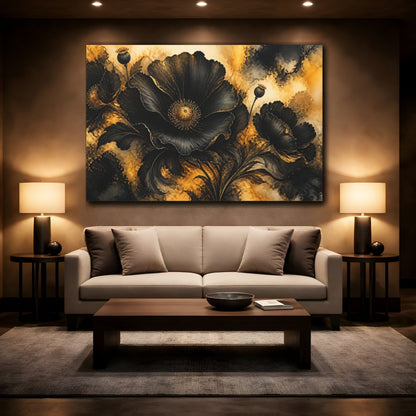 Mockup 2. Black Poppy Flower shown as canvas print