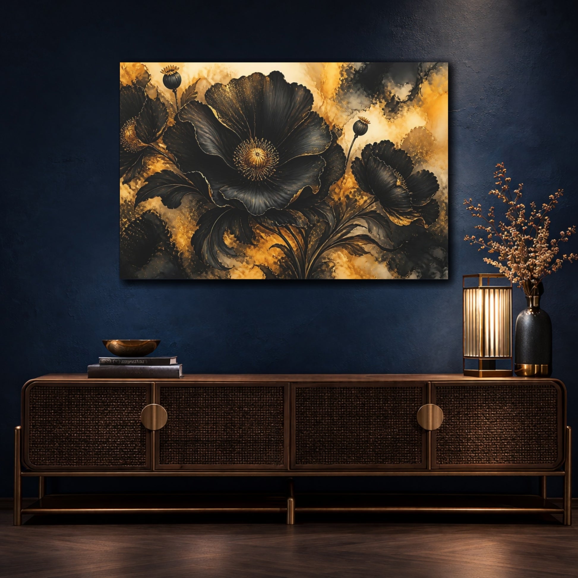 Mockup 4. Black Poppy Flower shown as canvas print