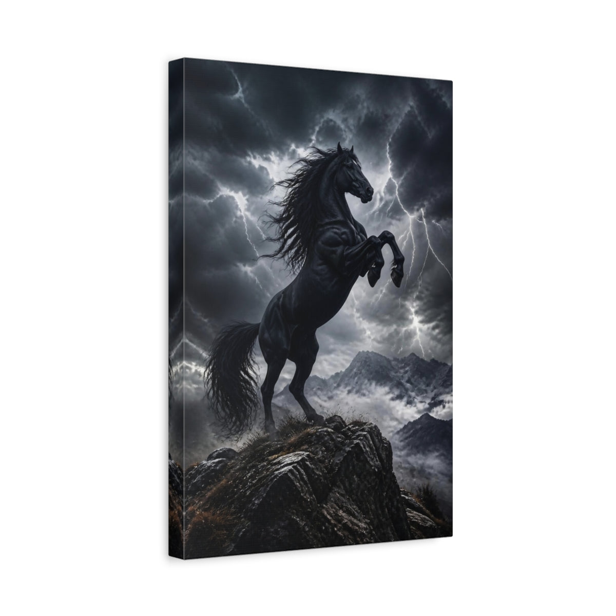 Side Mockup 4. Black Stallion Animals shown as canvas print
