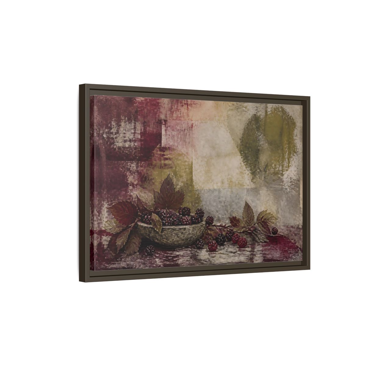 Side Mockup 2. Blackberries In Stone Bowl shown as framed canvas print