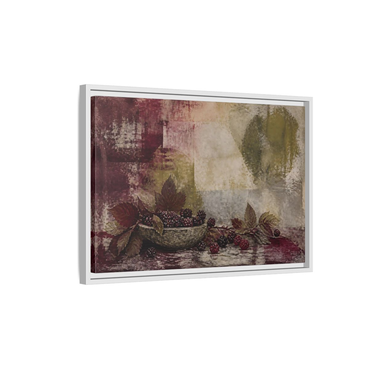 Side Mockup 1. Blackberries In Stone Bowl shown as framed canvas print