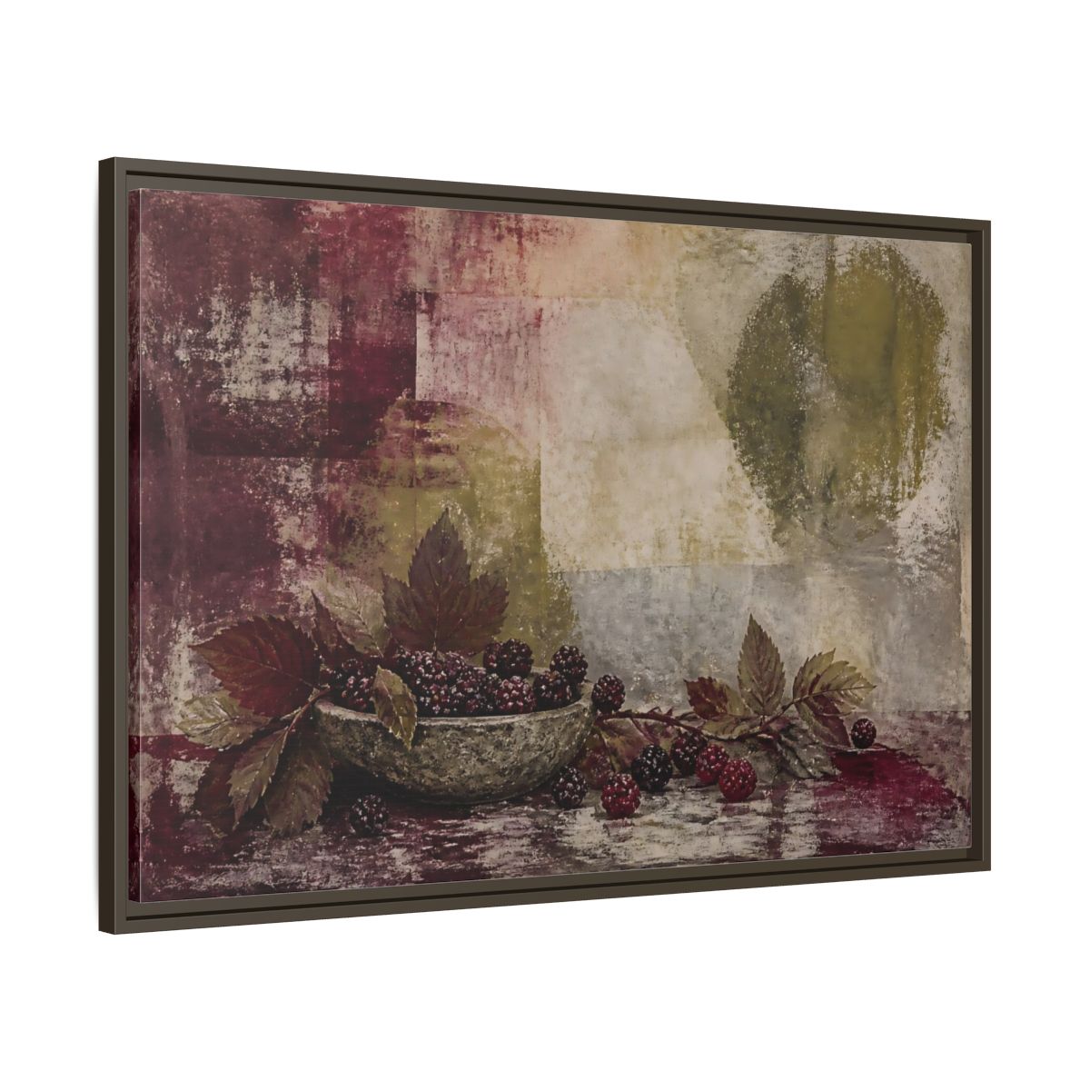 Main Mockup. Blackberries In Stone Bowl shown as framed canvas print