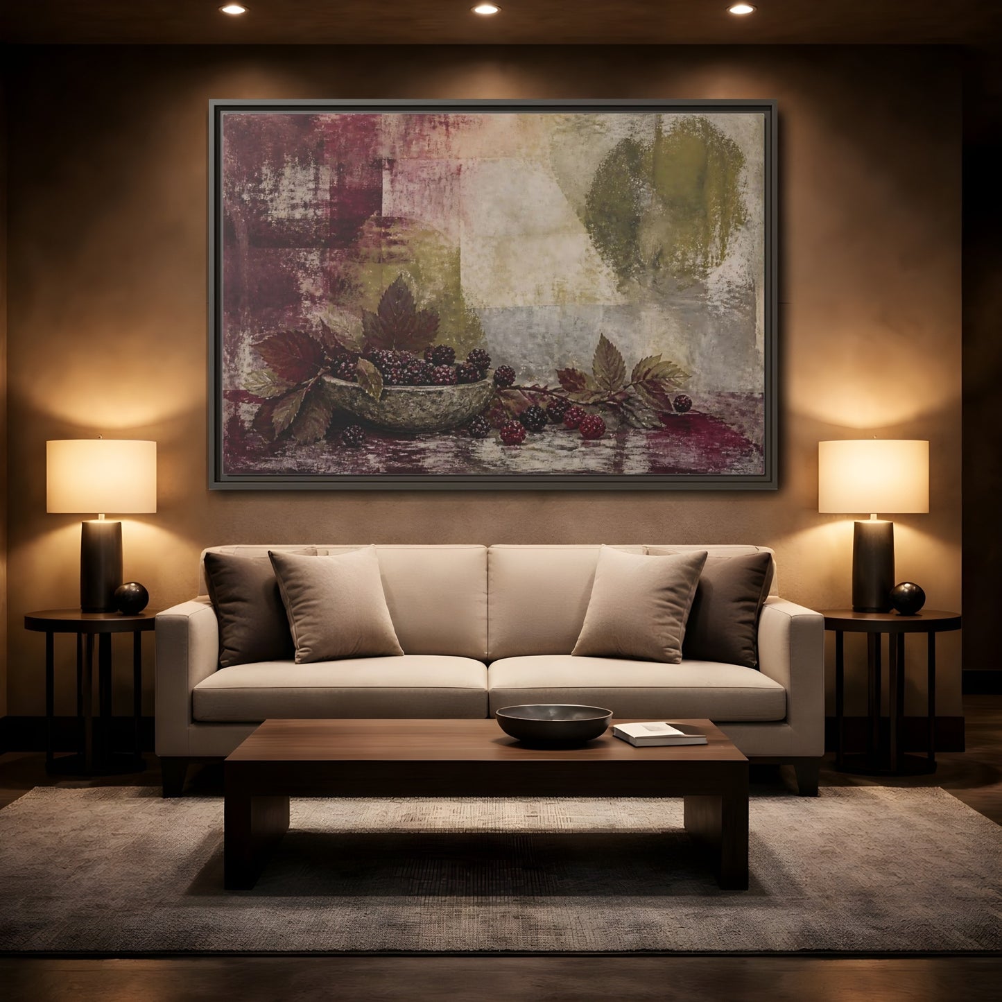 Mockup 2. Blackberries In Stone Bowl shown as framed canvas print