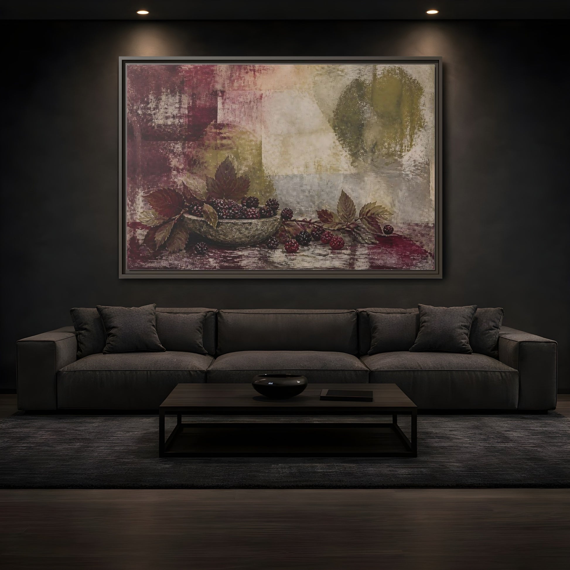 Mockup 3. Blackberries In Stone Bowl shown as framed canvas print