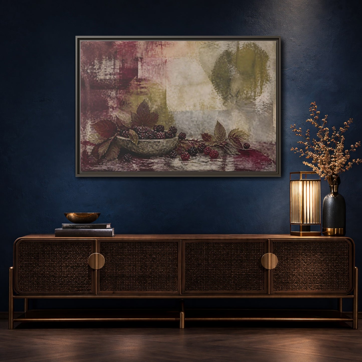 Mockup 4. Blackberries In Stone Bowl shown as framed canvas print