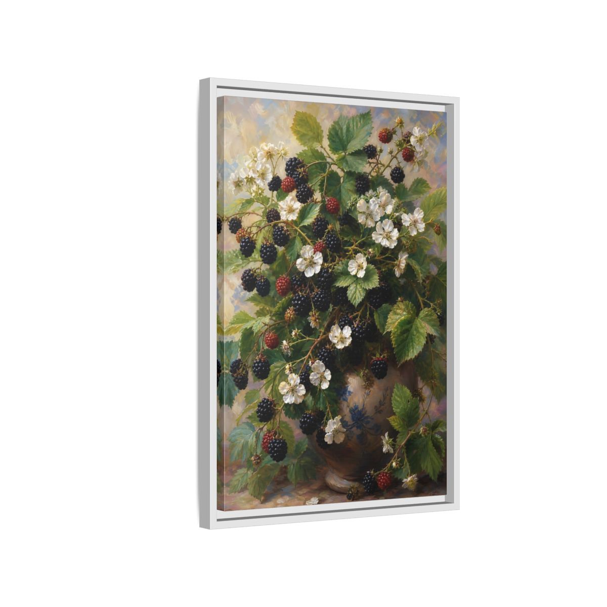 Side Mockup 1. Blackberry Blossoms In Vase shown as framed canvas print
