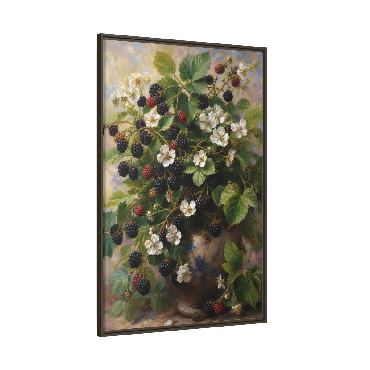 Side Mockup 8. Blackberry Blossoms In Vase shown as framed canvas print